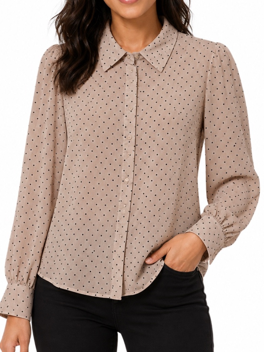 Lulu's Sheer Taupe Pink Polka Dot Swiss Button-Down Blouse